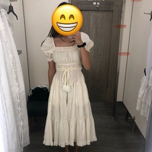Ulla Johnson Cream Midi Dress with Puff Sleeves and Square Neck